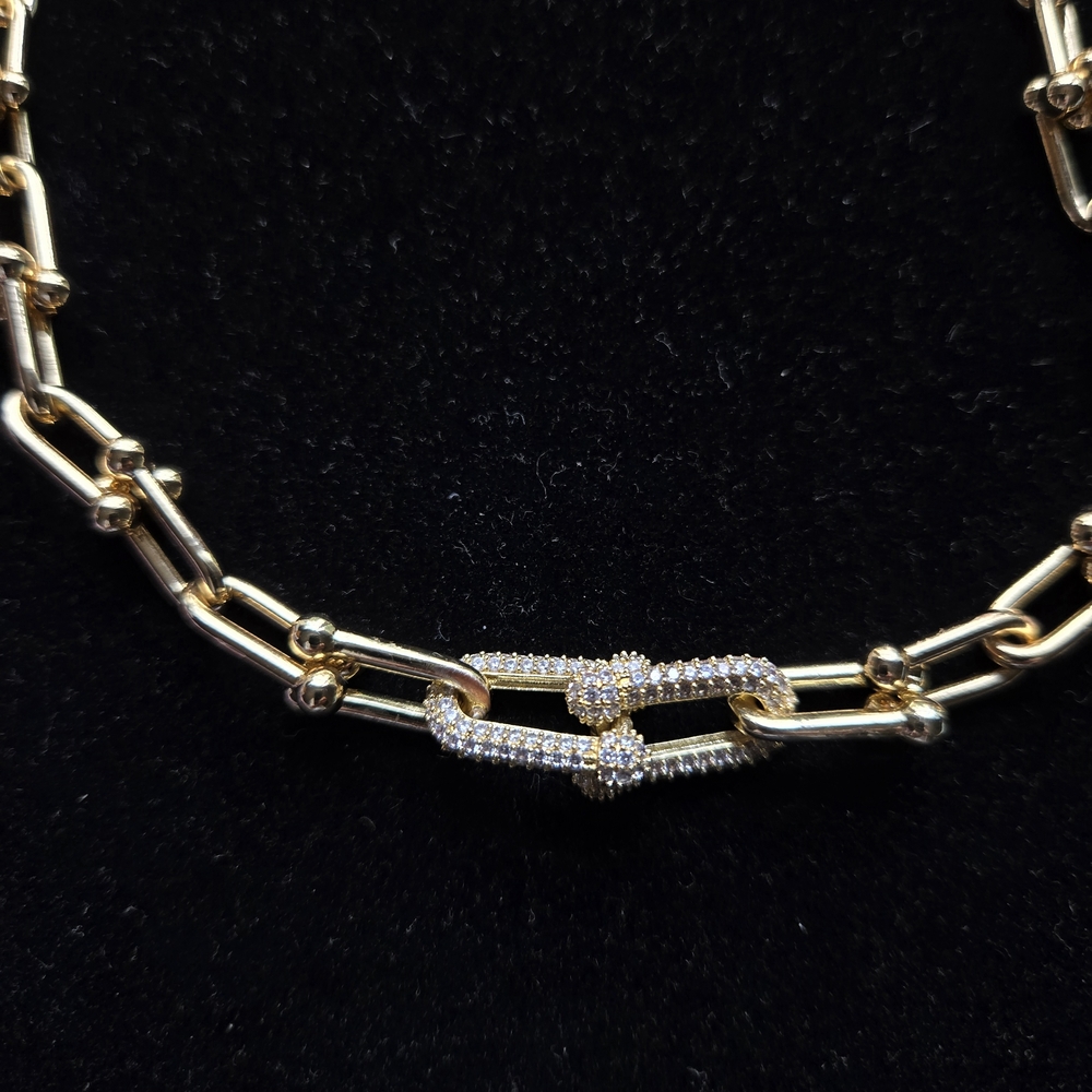 Hardware Graduated Link Gold and Rhinestone Handmade Necklace